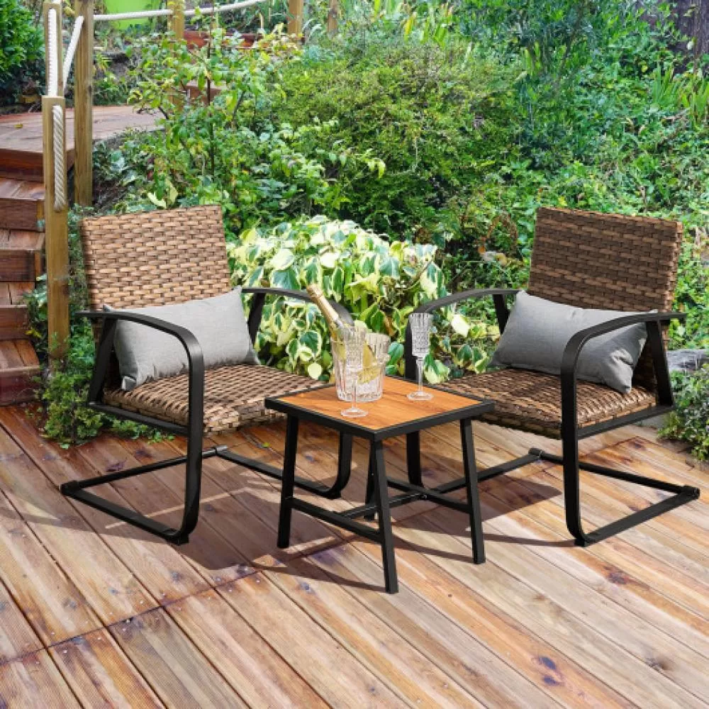 3 Pieces Patio Rattan Conversation Set with Quick Dry Lumbar Pillows