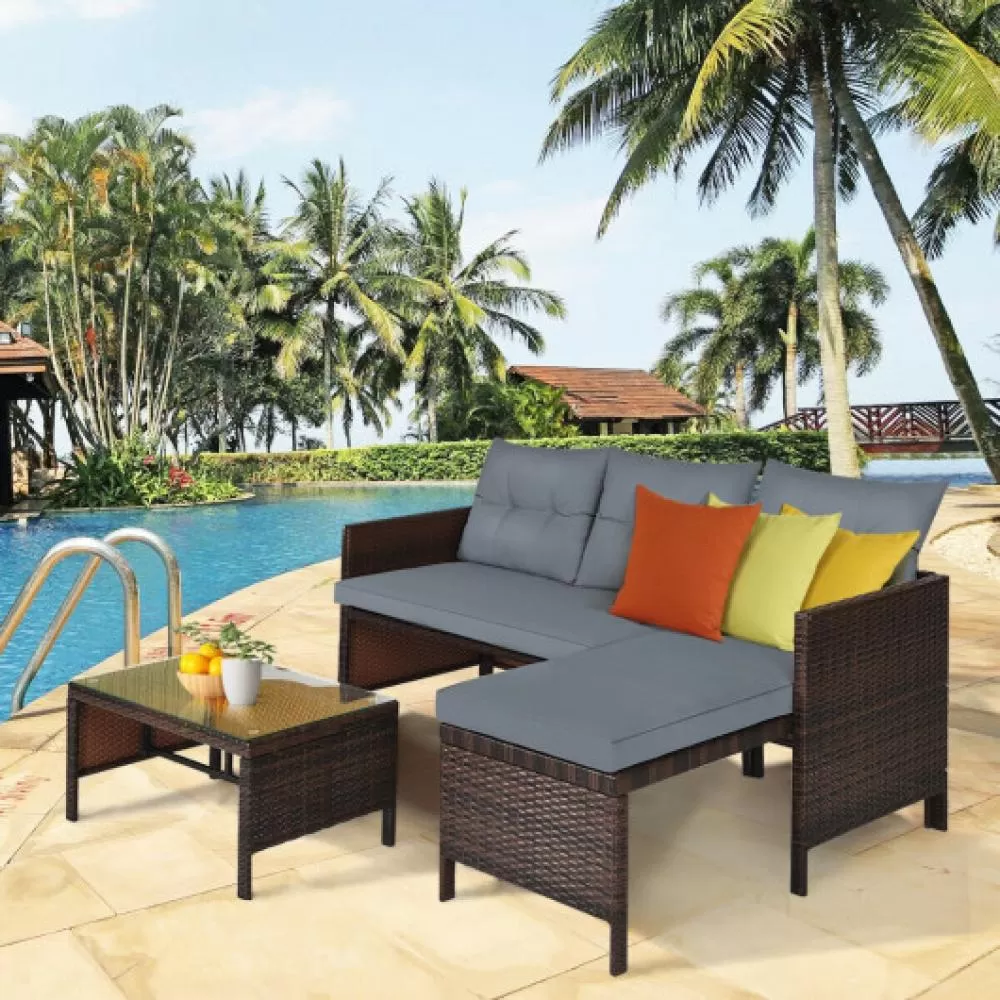 3 Pieces Patio Wicker Rattan Sofa Set-Gray