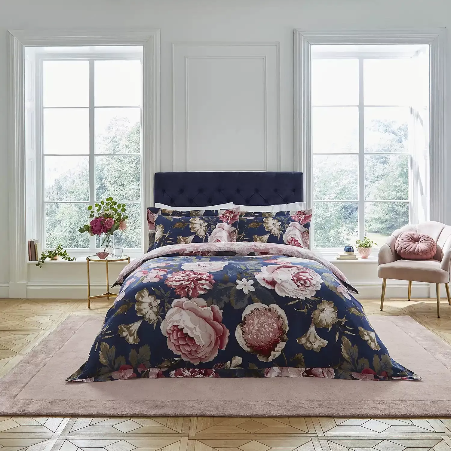 300 Thread Count Pure Cotton Sateen Constance Floral Duvet Cover - Navy Floral