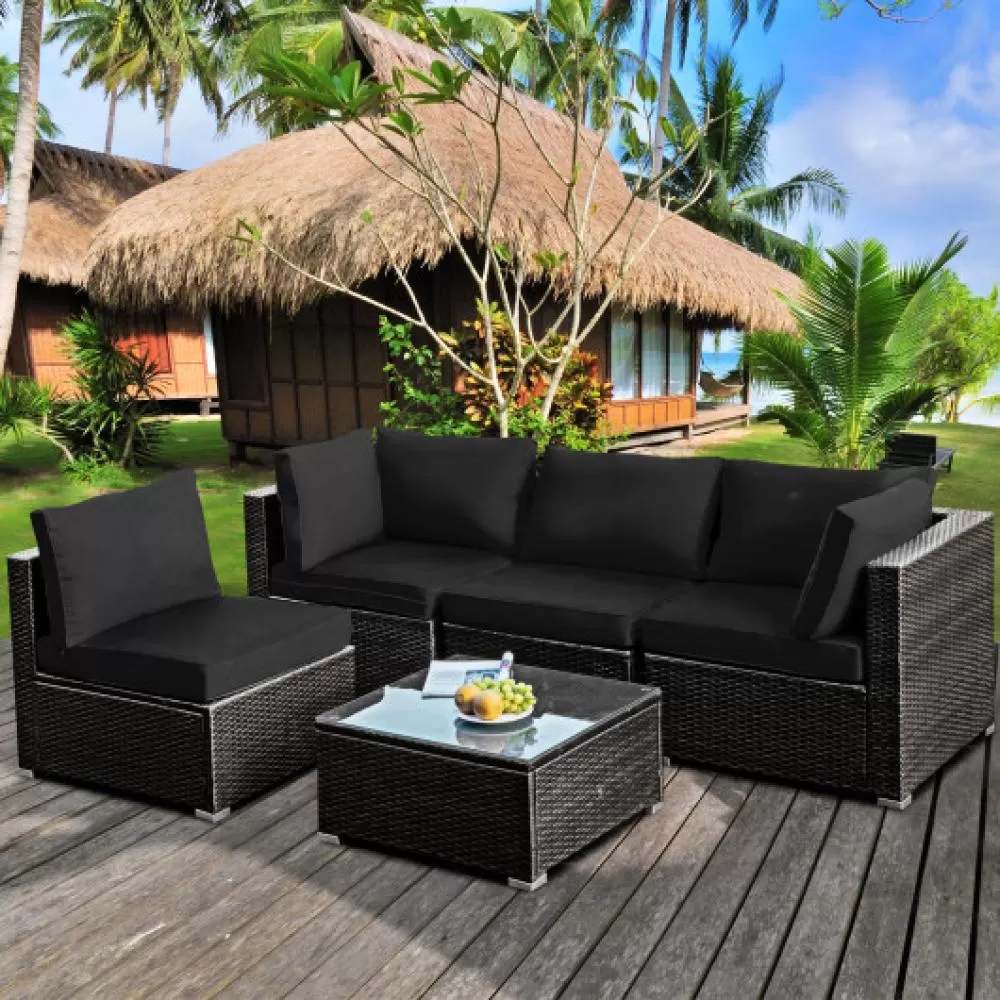 5 Pieces Cushioned Patio Rattan Furniture Set with Glass Table-Turquoise