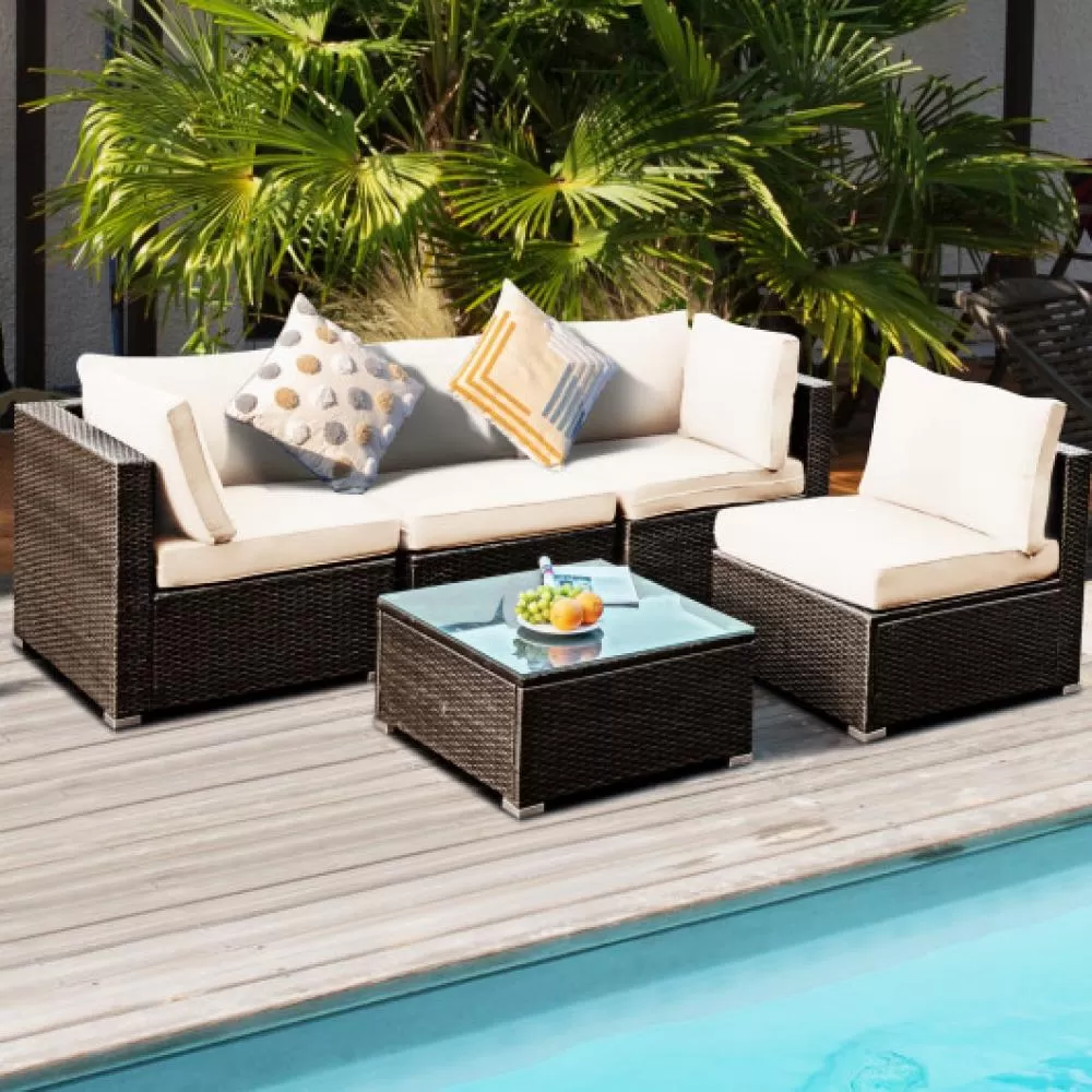 5 Pieces Cushioned Patio Rattan Furniture Set with Glass Table-Turquoise