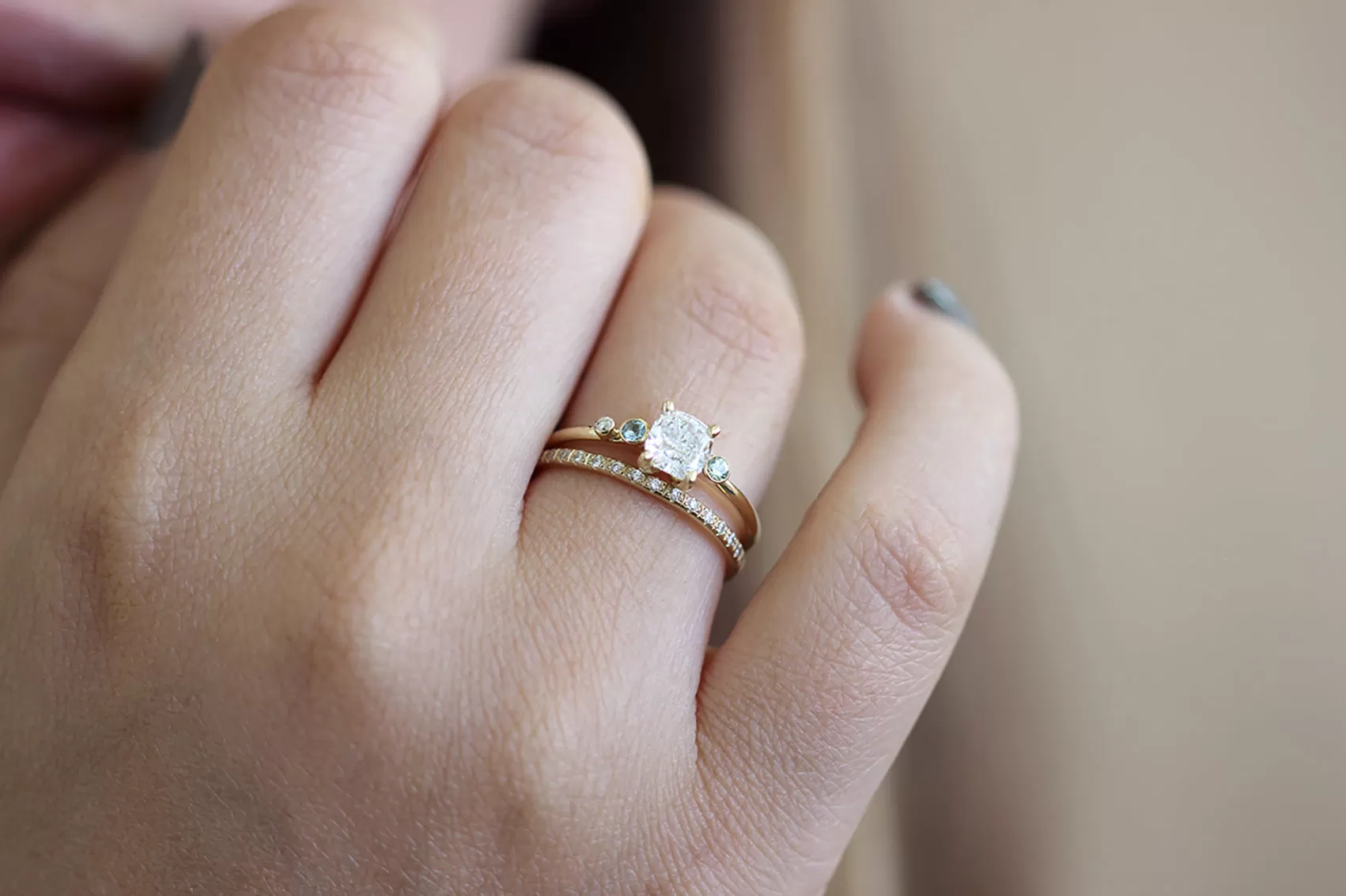 Asymmetric Diamond Cluster Engagement Ring with Aquamarine And Mint Garnet - Cluster Engagement Ring