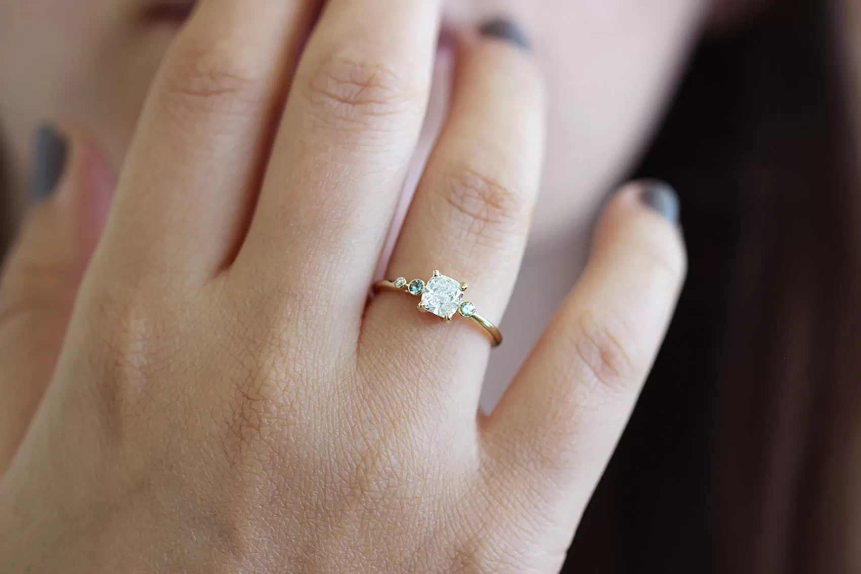 Asymmetric Diamond Cluster Engagement Ring with Aquamarine And Mint Garnet - Cluster Engagement Ring