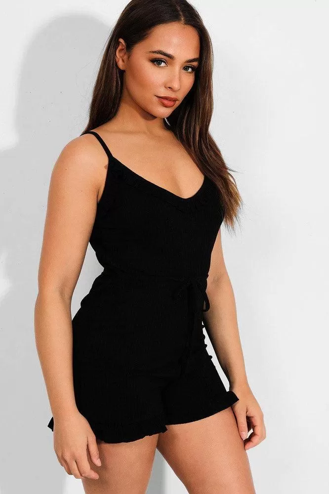 Black Frill Trims Ribbed Cami Playsuit