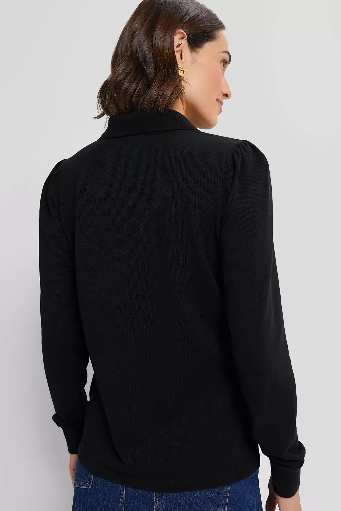 Black Long Sleeve Pique Puff Sleeve Peggy Polo