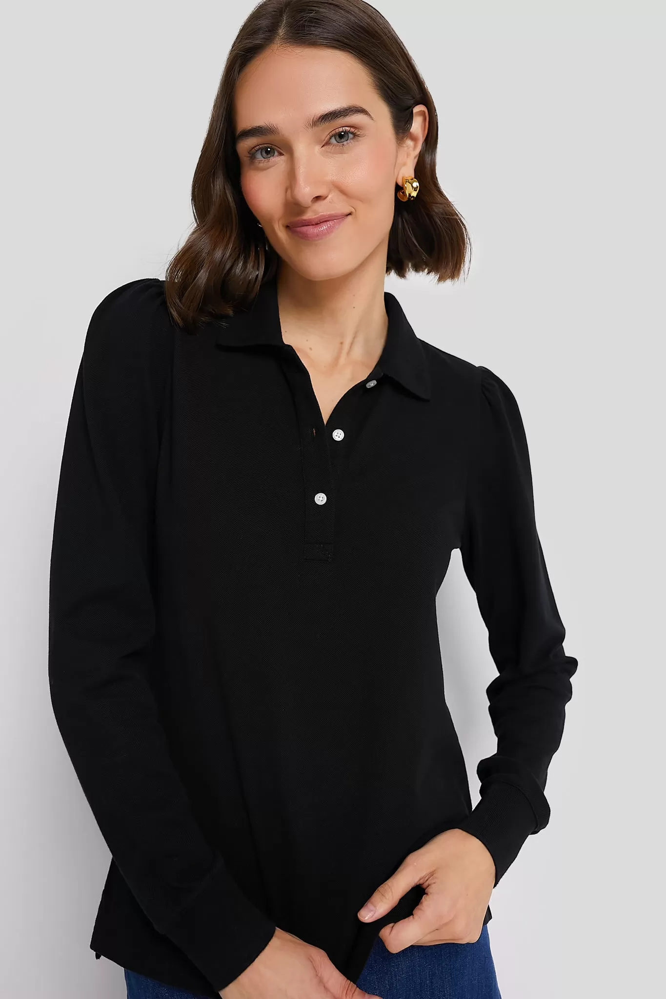 Black Long Sleeve Pique Puff Sleeve Peggy Polo