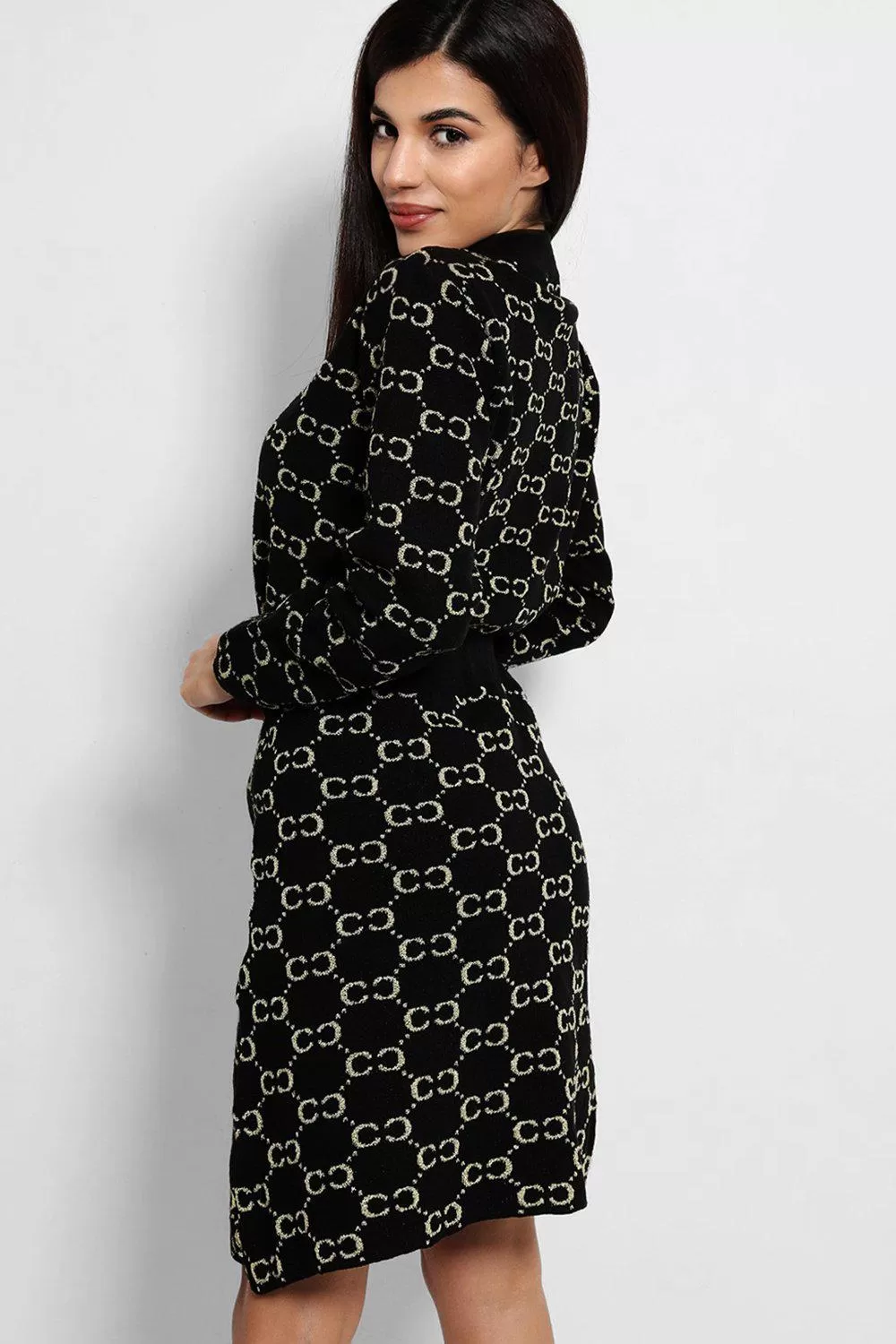 Black Lurex Chain Print Soft Knit Skirt And Pullover Set