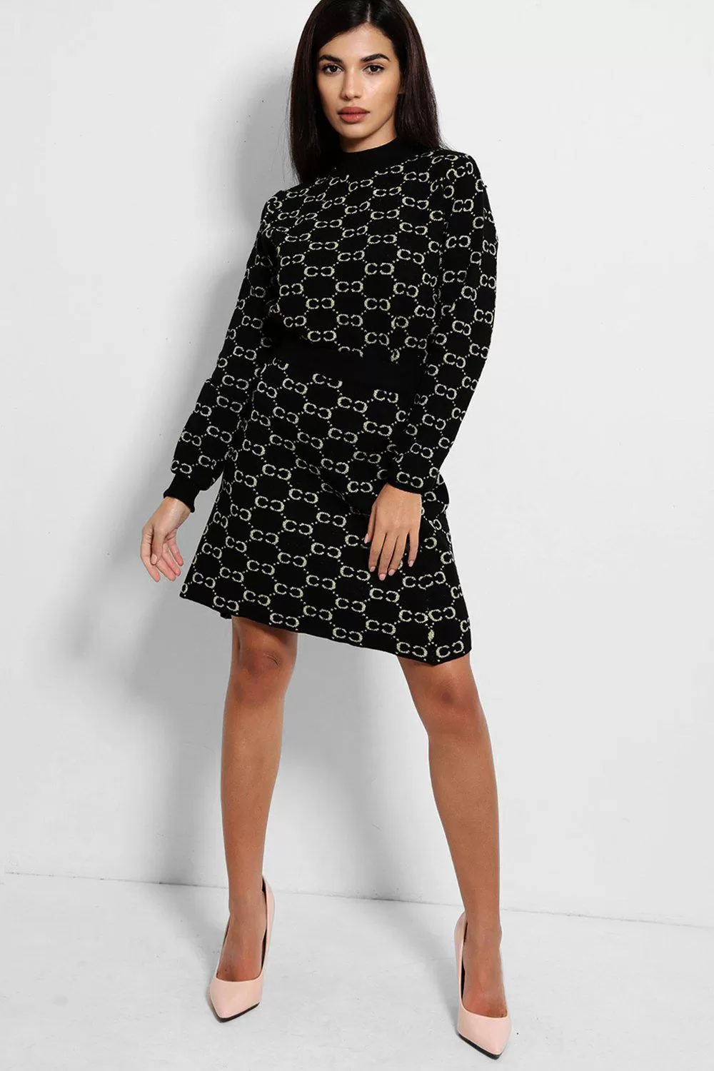 Black Lurex Chain Print Soft Knit Skirt And Pullover Set