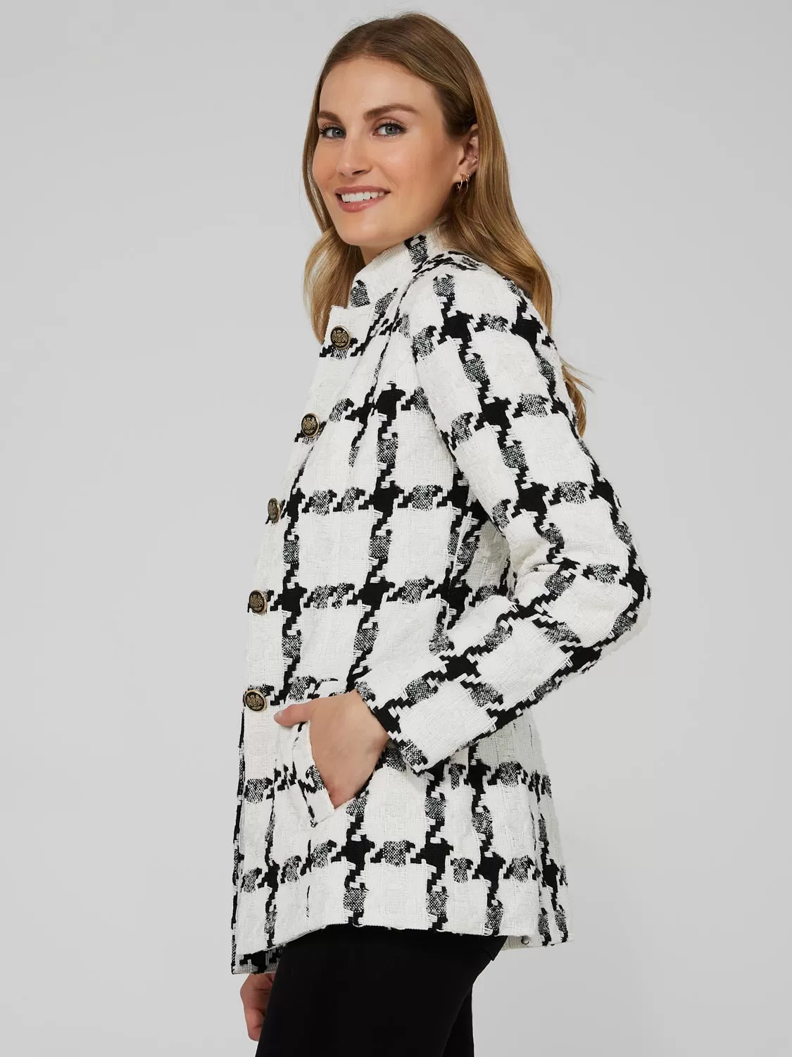 Boucle Button-Front Blazer With Mandarin Collar