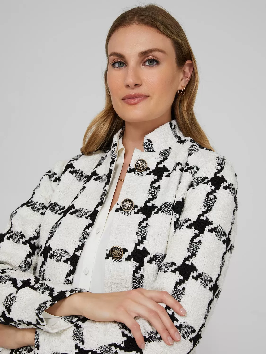 Boucle Button-Front Blazer With Mandarin Collar