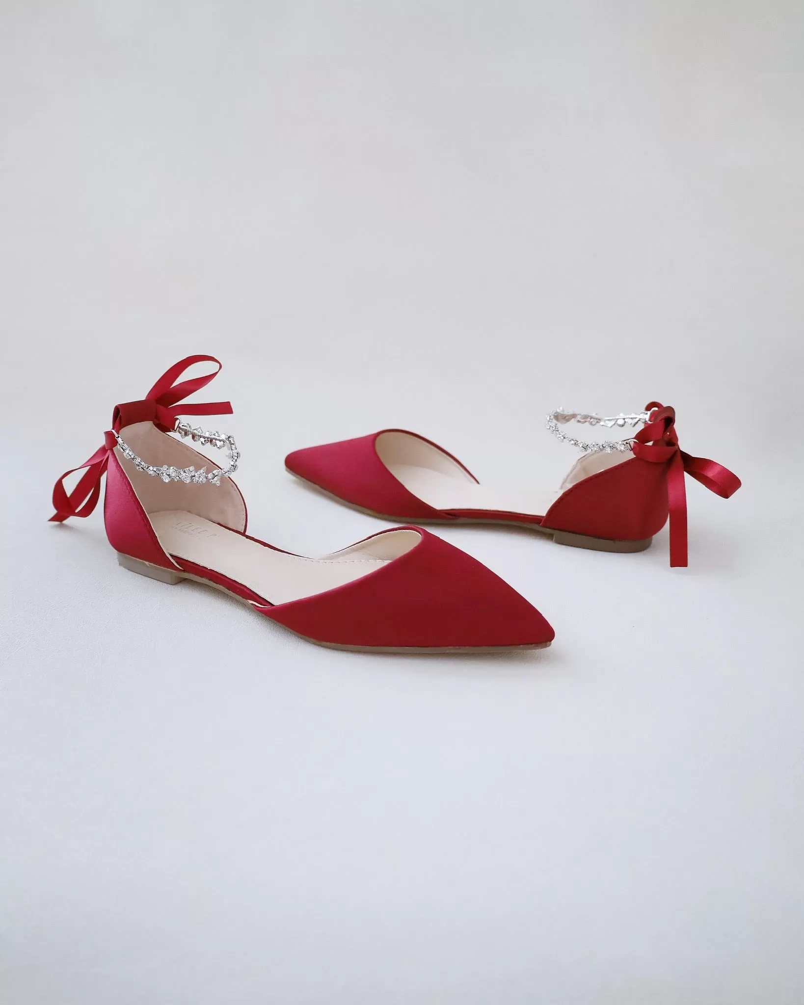 Burgundy Satin Pointy Toe Evening Flats with Amaryllis Strap