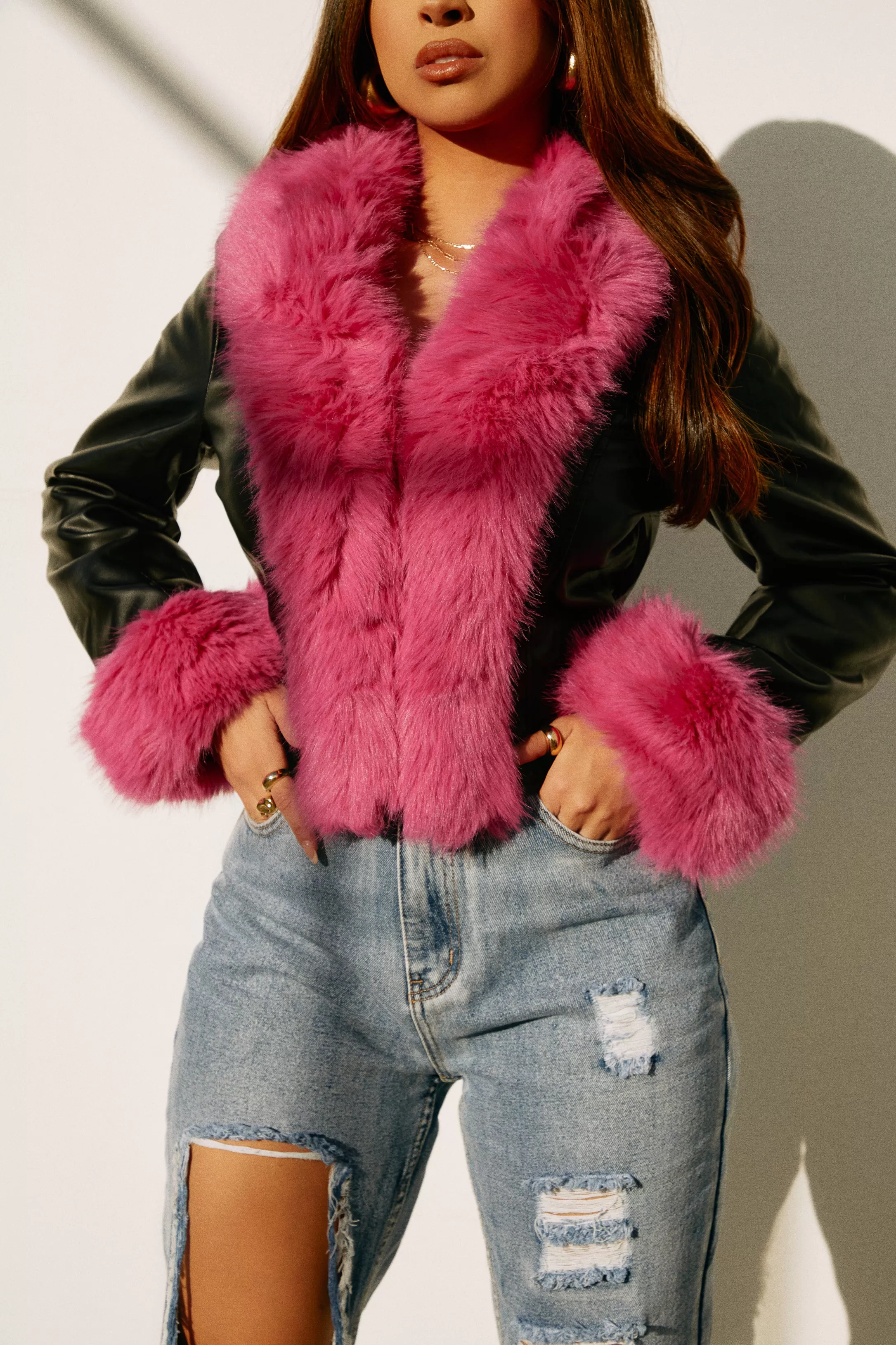 Camila Faux Fur PU Jacket - Black Pink