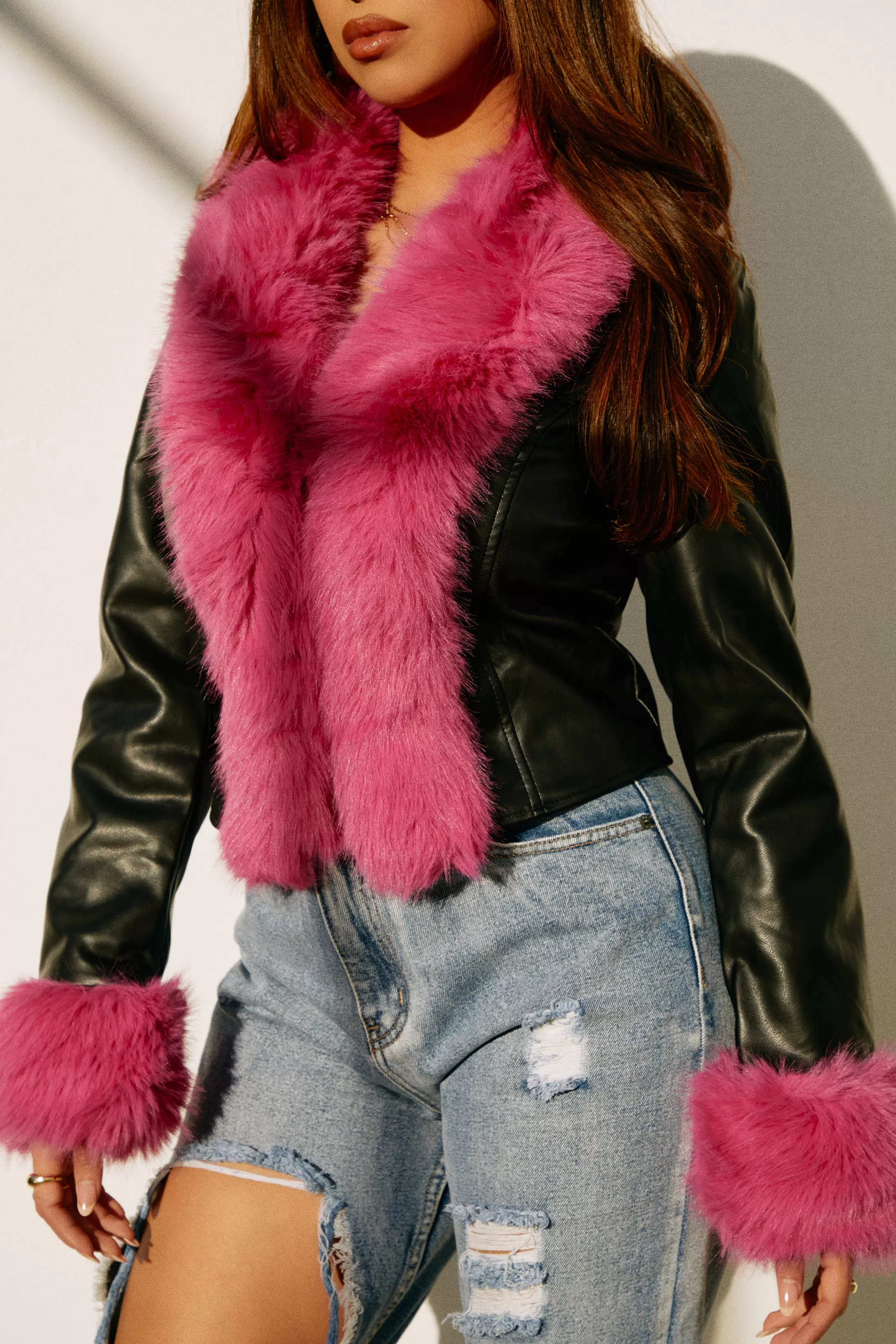 Camila Faux Fur PU Jacket - Black Pink