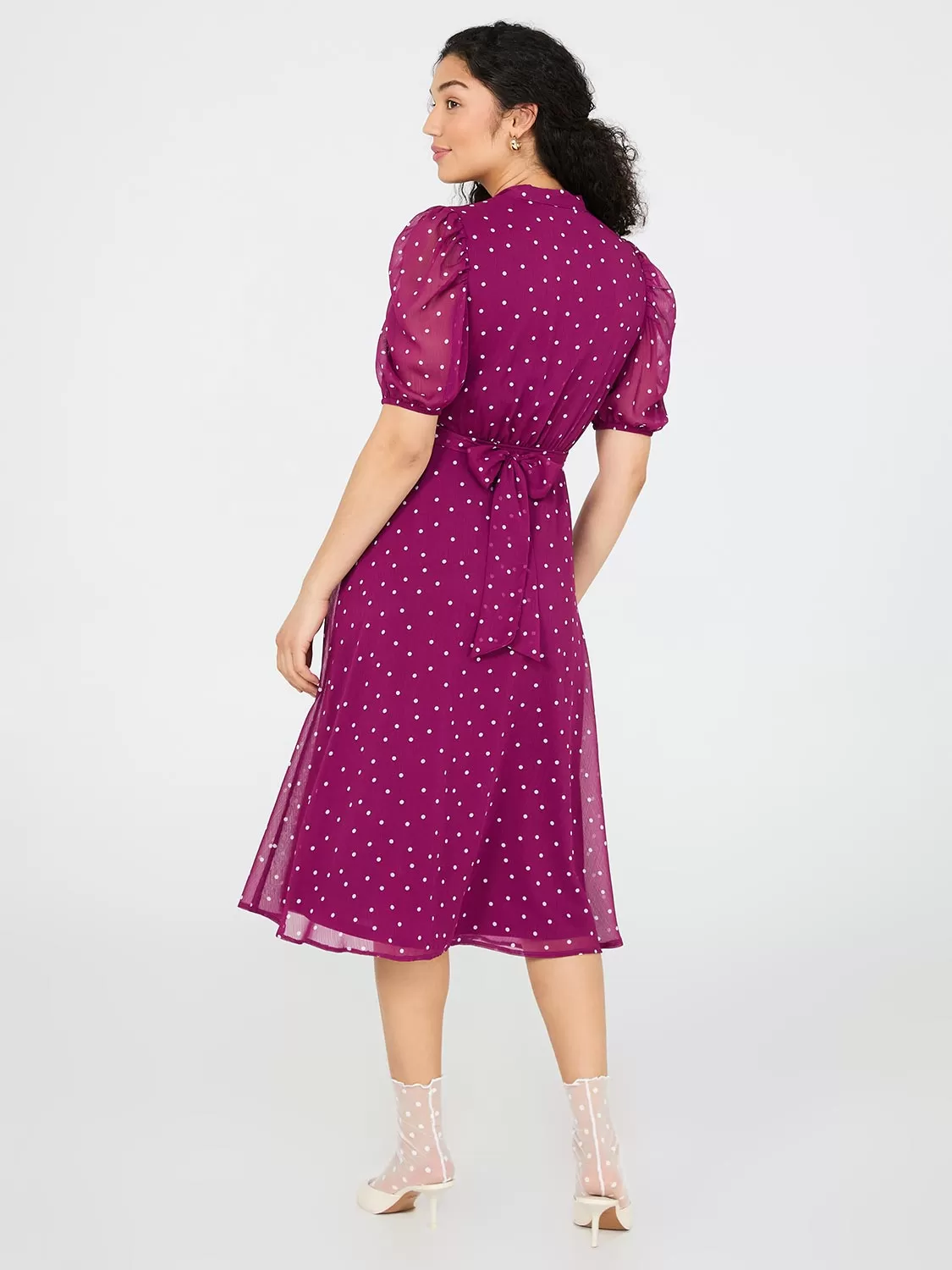 Dot Print Split Neck Dress With Balloon Sleeves