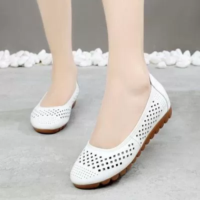 GI124 Women's White Leather Breathable Flats Loafers: Casual Shoes