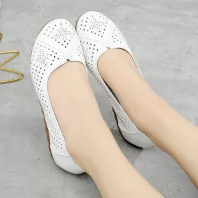 GI124 Women's White Leather Breathable Flats Loafers: Casual Shoes