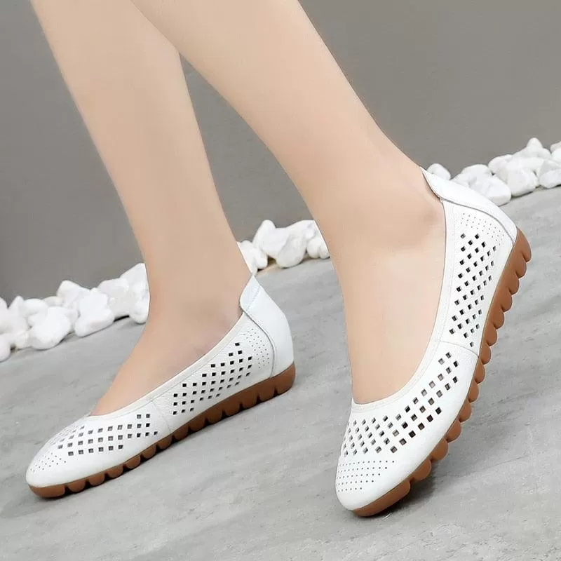 GI124 Women's White Leather Breathable Flats Loafers: Casual Shoes