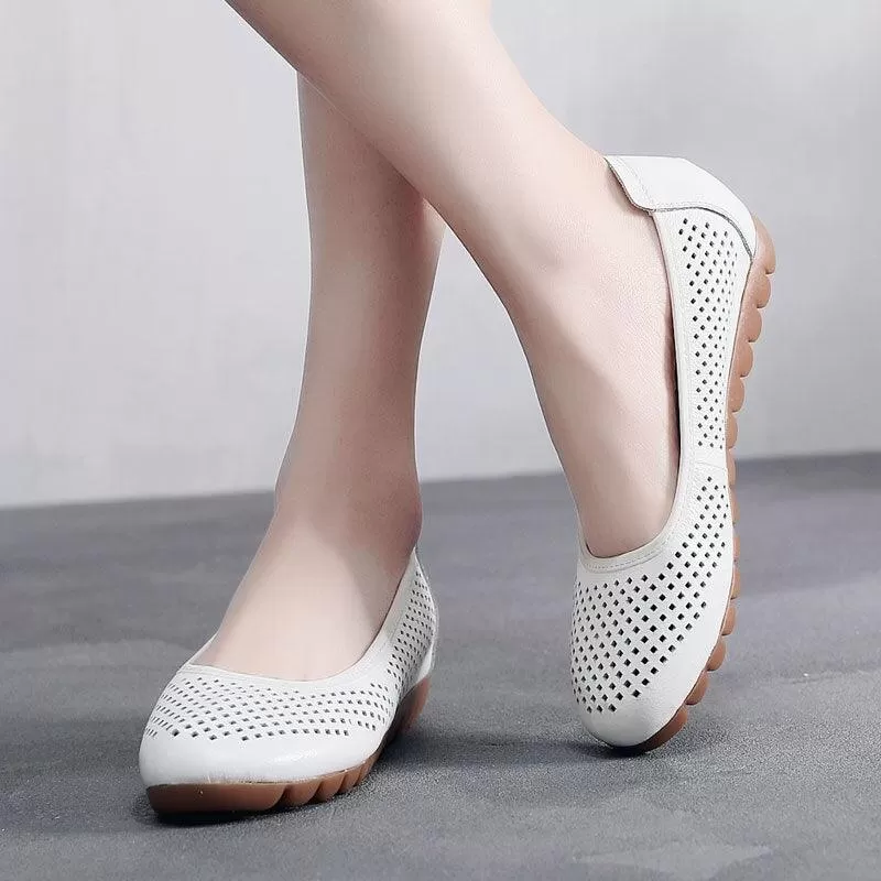 GI124 Women's White Leather Breathable Flats Loafers: Casual Shoes