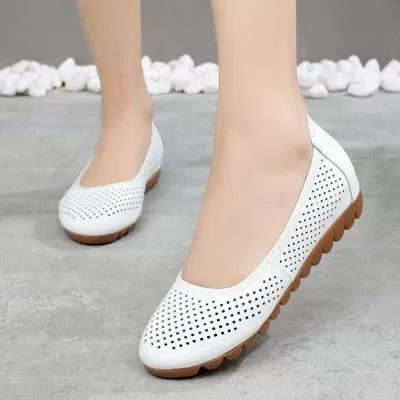 GI124 Women's White Leather Breathable Flats Loafers: Casual Shoes