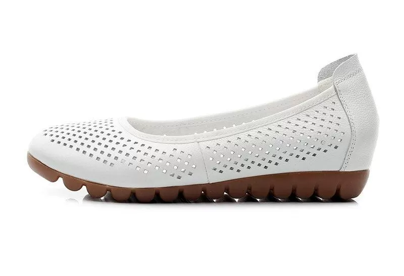 GI124 Women's White Leather Breathable Flats Loafers: Casual Shoes