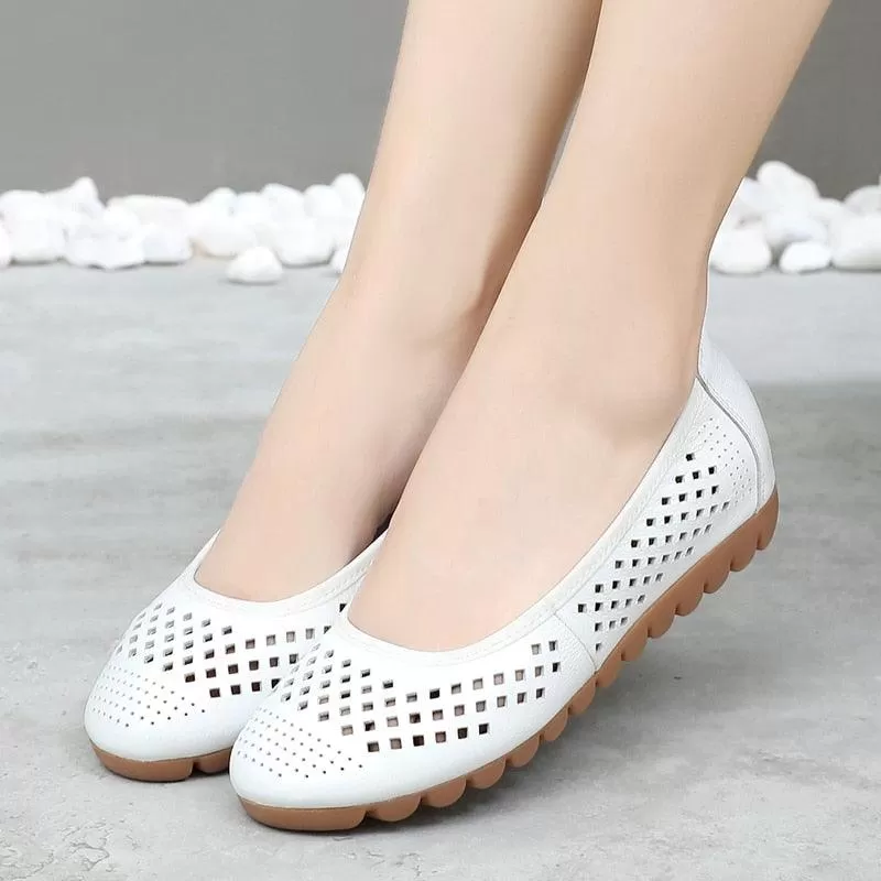 GI124 Women's White Leather Breathable Flats Loafers: Casual Shoes