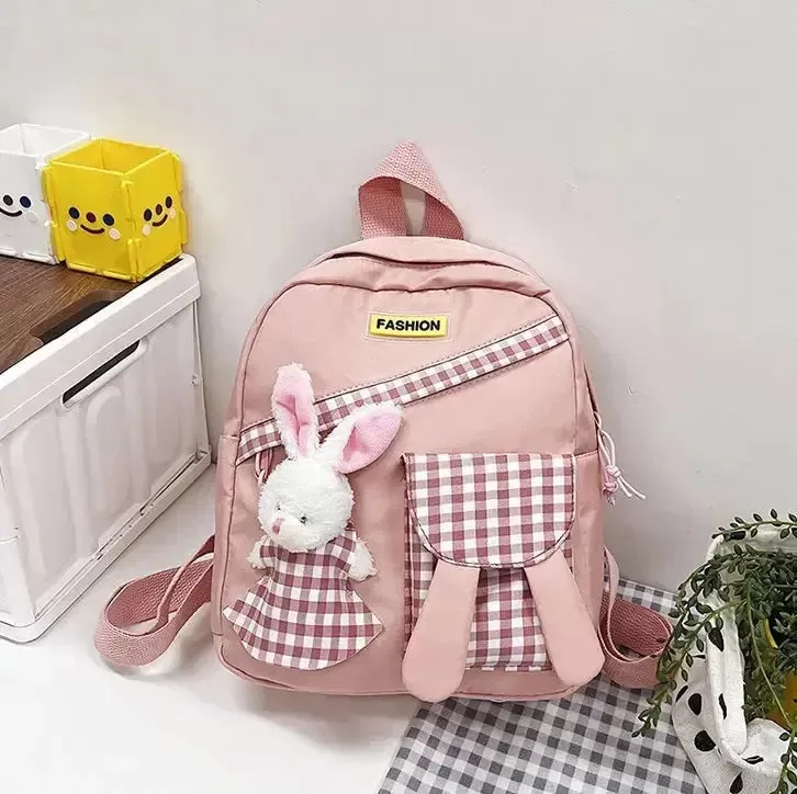 Girls Gingham Rabbit & Letter Patch Decor Functional Backpack 2919