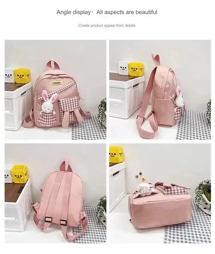 Girls Gingham Rabbit & Letter Patch Decor Functional Backpack 2919