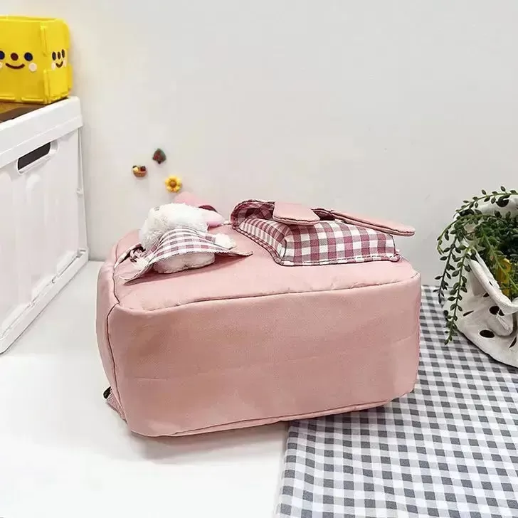 Girls Gingham Rabbit & Letter Patch Decor Functional Backpack 2919