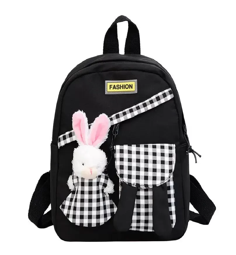 Girls Gingham Rabbit & Letter Patch Decor Functional Backpack 2919