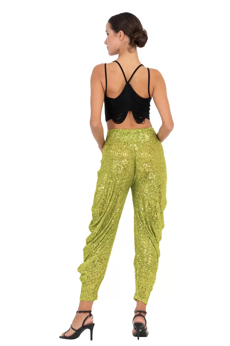 Lime Green, Black & Navy Blue Sequinned Harem Style Tango Pants With Gathers (S)