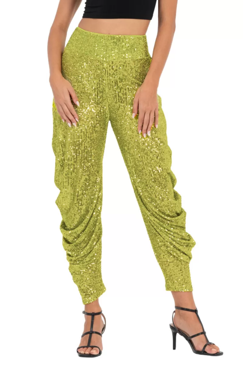 Lime Green, Black & Navy Blue Sequinned Harem Style Tango Pants With Gathers (S)