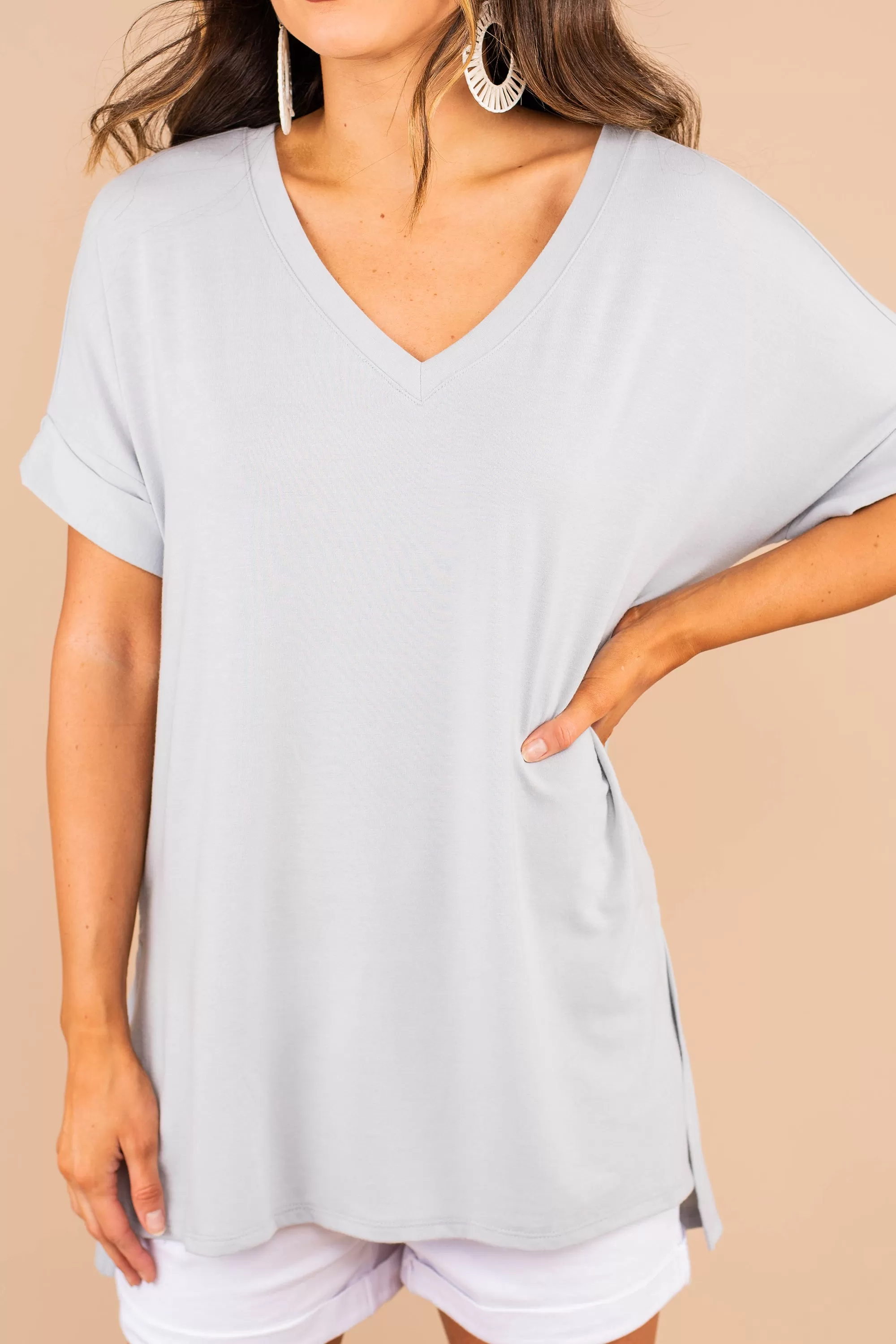 Make Your Life Easy Light Gray V-Neck Top