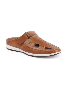 Men Tan Casual Back Open Perforated Day Long Comfort Slip On Sandals