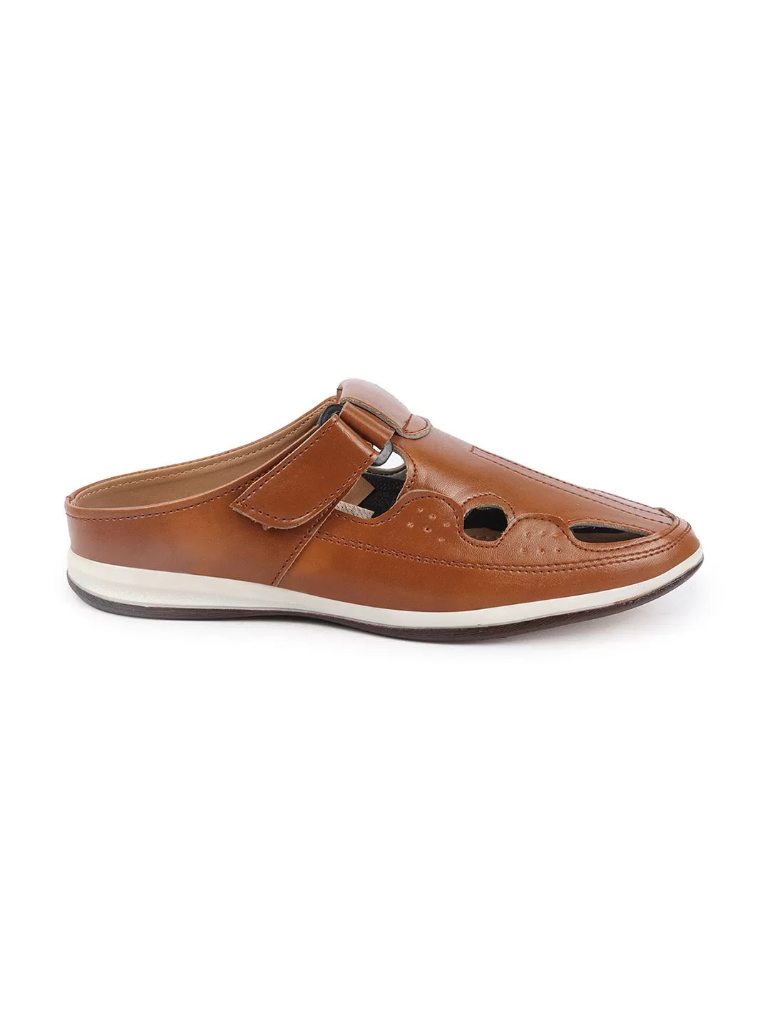 Men Tan Casual Back Open Perforated Day Long Comfort Slip On Sandals