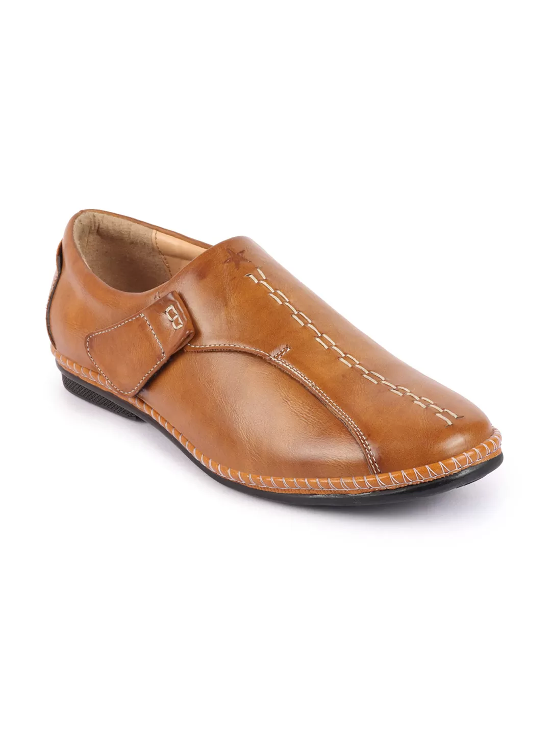 Men Tan Casual Cap Toe Hand Stitched Sandal Style Slip On Shoes