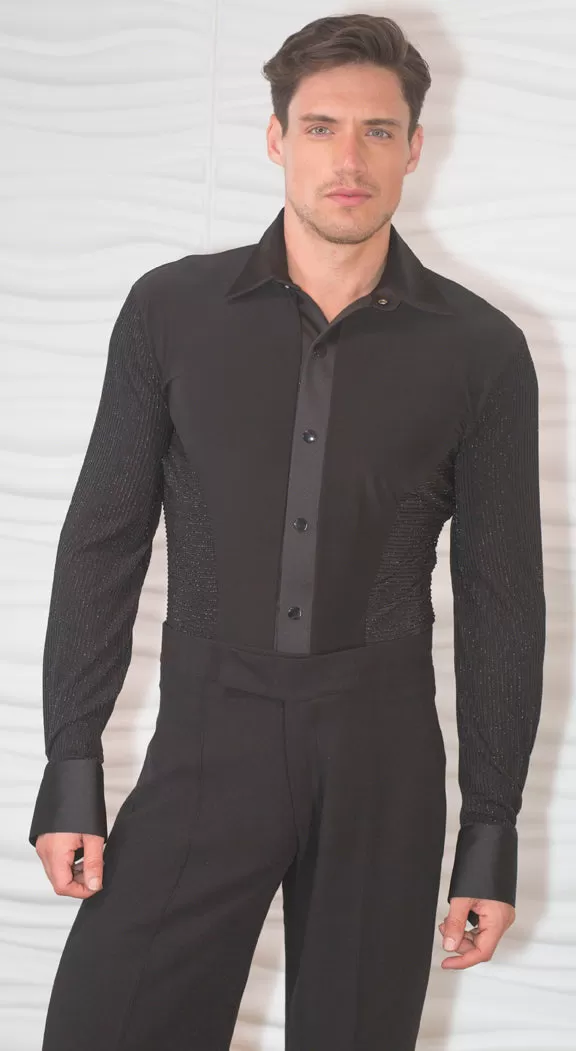 Men's Lurex Sleeve and Side Ballroom Shirt with Built-in Bodysuit/Trunks MS1