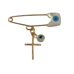 Milos Cross Baby Pin Gold White Evil Eye