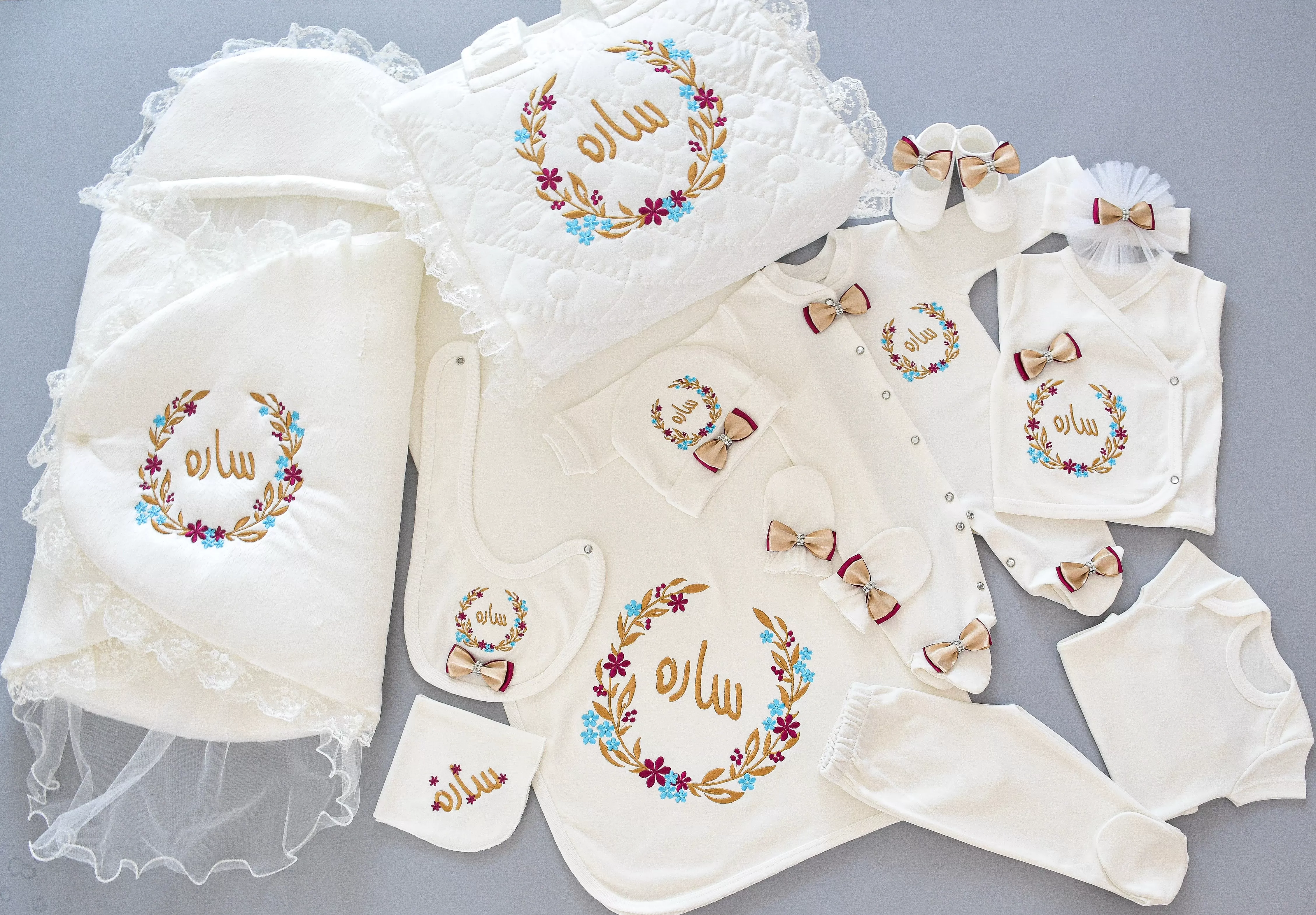 Personalised Baby Coming Home Flower Frame Embroidered Set