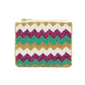 Seed Beaded Mardi Gras Zigzag Chevron Patterned Pouch Bag