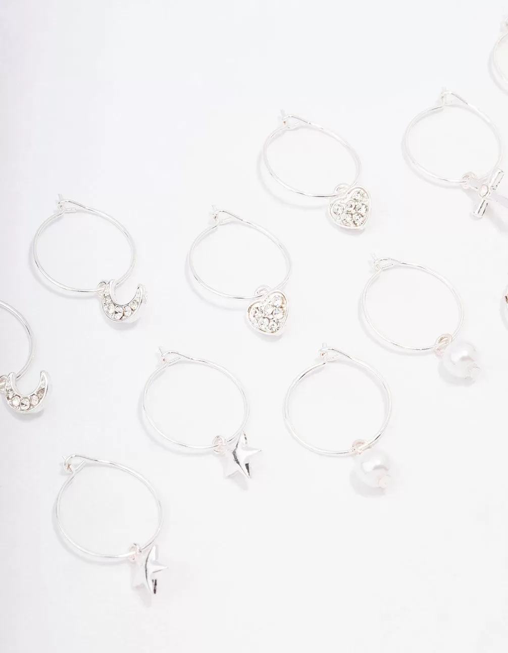 Silver Crystal Heart Wire Hoop Earring 6-Pack