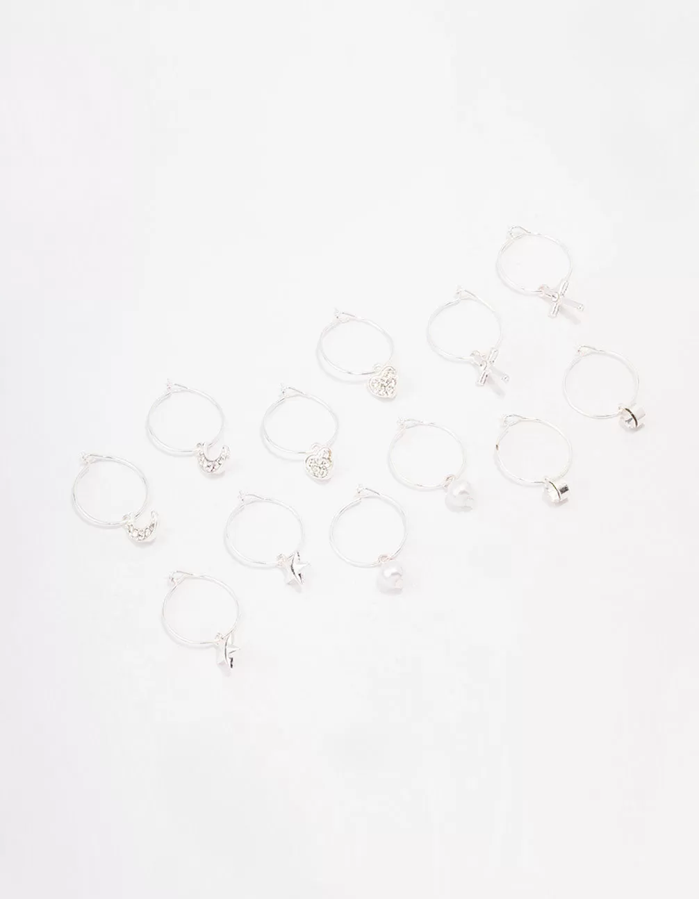 Silver Crystal Heart Wire Hoop Earring 6-Pack