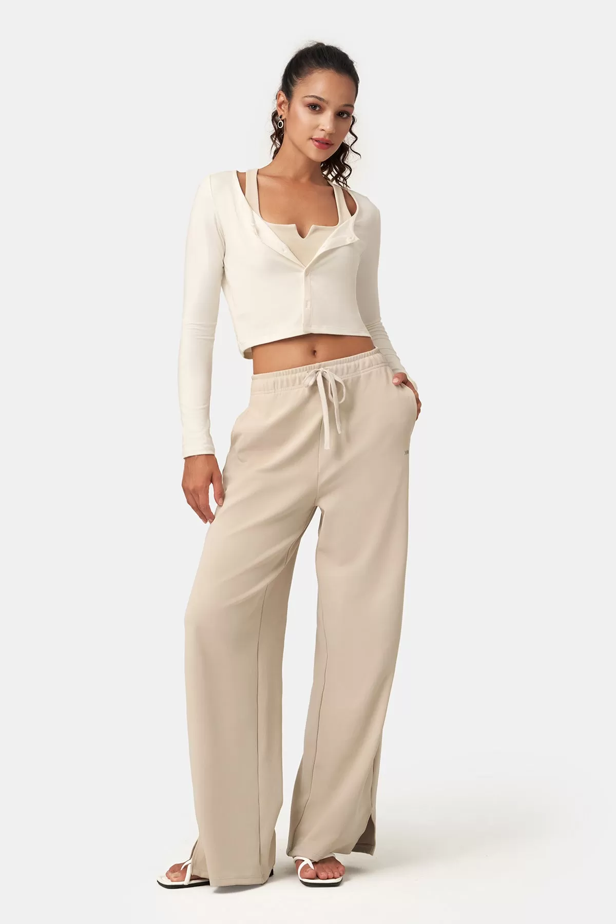 Waffle Texture Side-Slit Wide Leg Pants