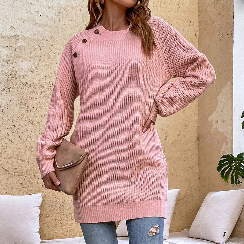 Women Sweaters Kniting Round Collar Pullover Long Buttons Skirts