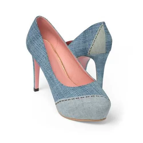 Womens Shoes, Blue Denim Patch Canvas Style High Heel Platform Shoes