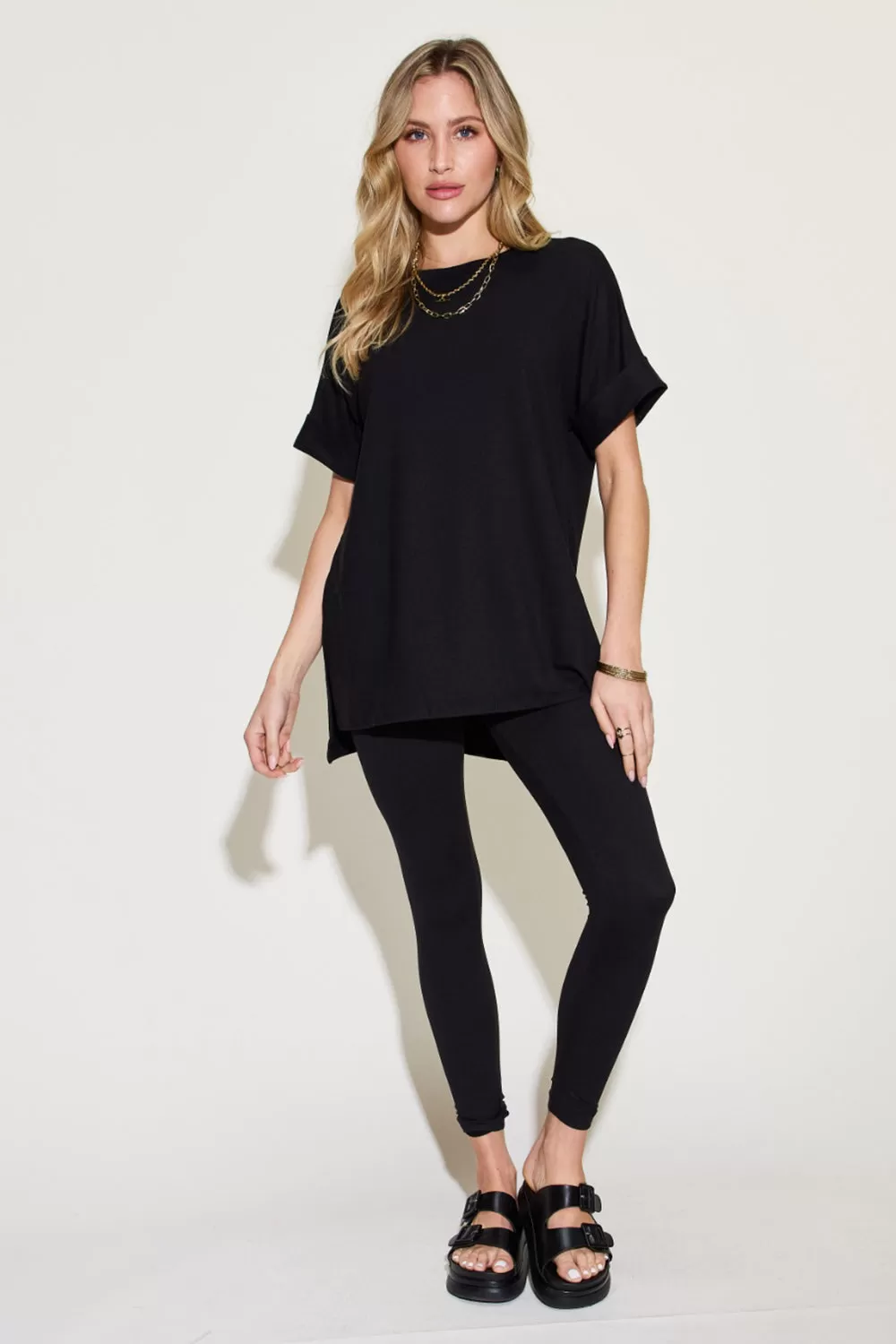 Zenana Plus Size Short Sleeve Slit T-Shirt and Leggings Lounge Set